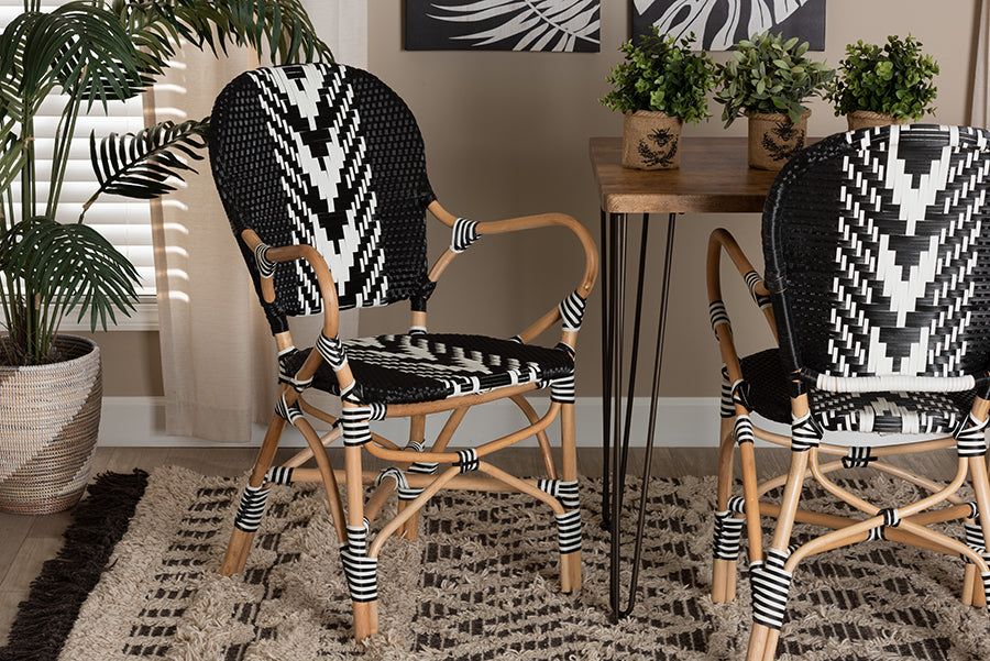 bali & pari Wallis Modern French Two-Tone Black and White Weaving and Natural Rattan Indoor Dining Chair
