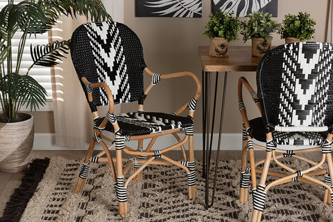 bali & pari Wallis Modern French Two-Tone Black and White Weaving and Natural Rattan Indoor Dining Chair