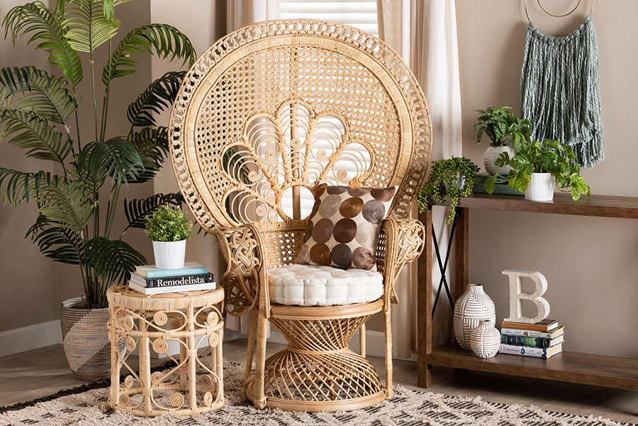 bali & pari Ediva Modern Bohemian Natural Brown Rattan Peacock Accent Chair