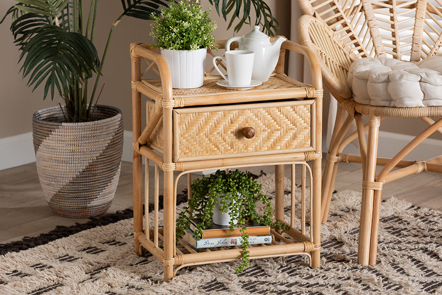bali & pari Kobie Modern Bohemian Natural Brown Rattan 1-Drawer Nightstand