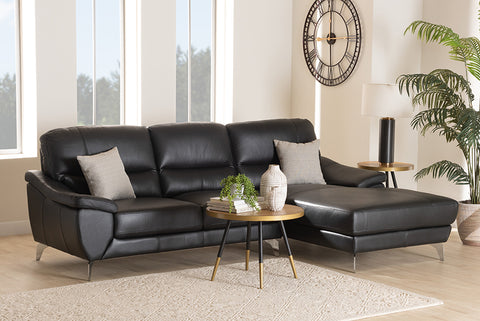 Baxton Studio Townsend Modern Black Full Leather Sectional Sofa with Right Facing Chaise