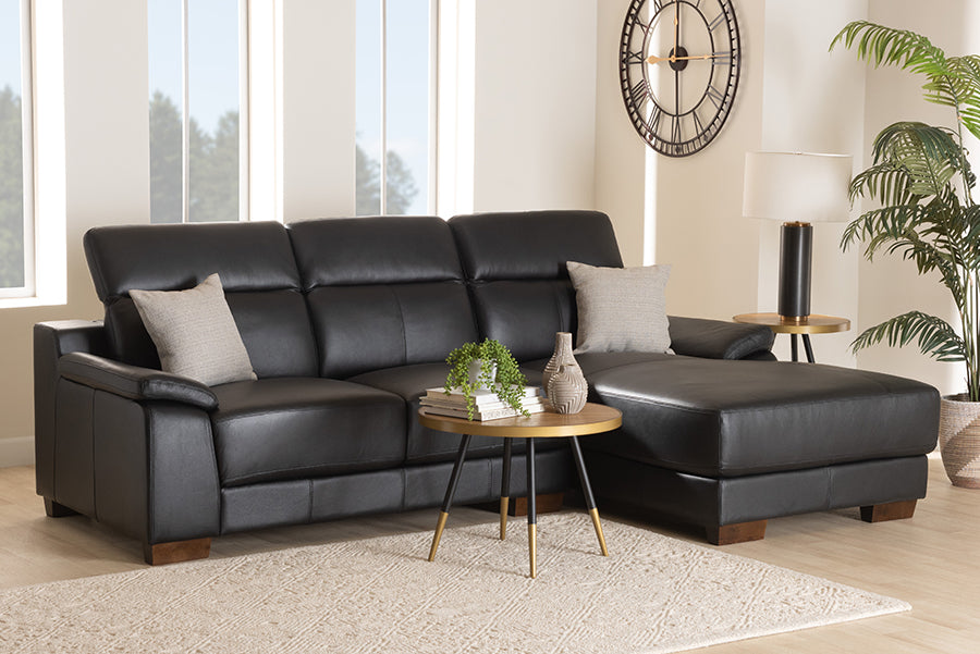 Baxton Studio Reverie Modern Black Full  Leather Sectional Sofa with Right Facing Chaise
