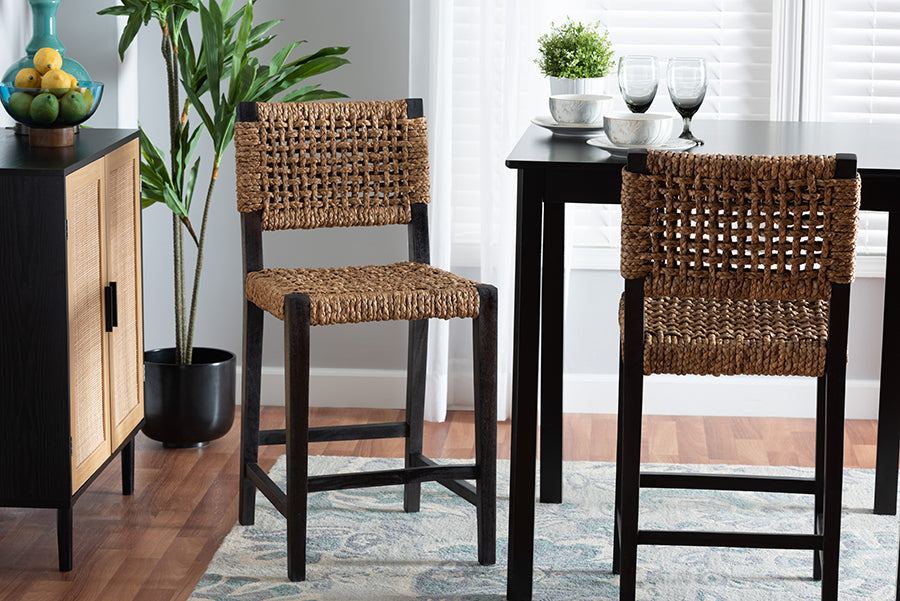 bali & pari Alise Modern Bohemian Dark Brown Mahogany Wood and Seagrass Counter Stool