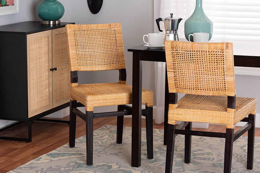 bali & pari Lesia Modern Bohemian Natural Brown Rattan and Espresso Brown Mahogany Wood Dining Chair
