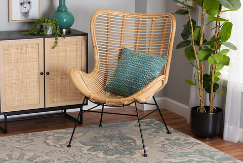 bali & pari Colorado Modern Bohemian Natural Brown Rattan and Black Metal Accent Chair