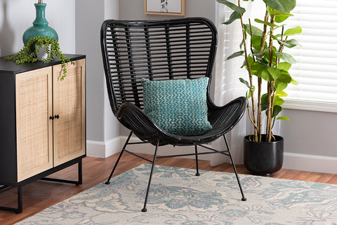 bali & pari Colorado Modern Bohemian Black Rattan and Metal Accent Chair
