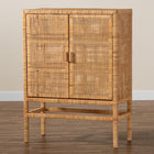 bali & pari Vivan Modern Bohemian Natural Brown Rattan and Mahogany Wood 3-Shelf Storage Cabinet