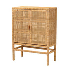 bali & pari Vivan Modern Bohemian Natural Brown Rattan and Mahogany Wood 3-Shelf Storage Cabinet