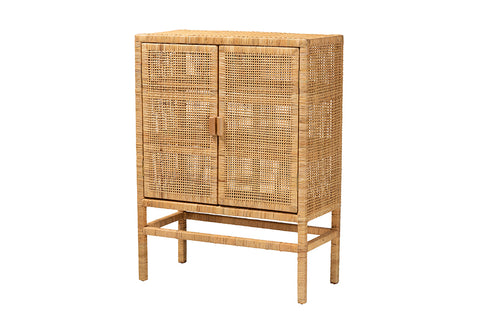 bali & pari Vivan Modern Bohemian Natural Brown Rattan and Mahogany Wood 3-Shelf Storage Cabinet