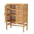 bali & pari Vivan Modern Bohemian Natural Brown Rattan and Mahogany Wood 3-Shelf Storage Cabinet