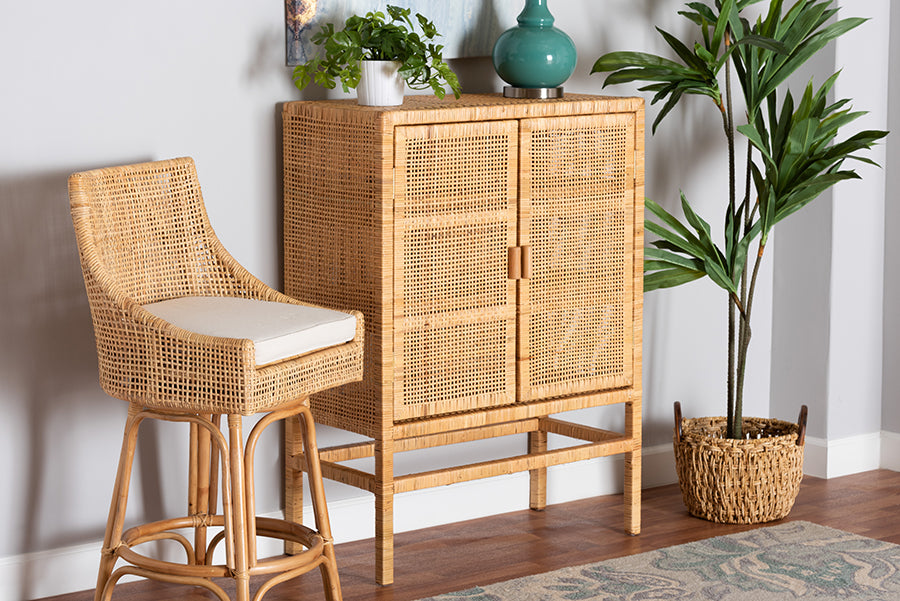bali & pari Vivan Modern Bohemian Natural Brown Rattan and Mahogany Wood 3-Shelf Storage Cabinet