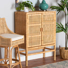 bali & pari Vivan Modern Bohemian Natural Brown Rattan and Mahogany Wood 3-Shelf Storage Cabinet