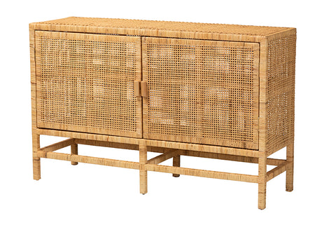 bali & pari Vivan Modern Bohemian Natural Brown Rattan and Mahogany Wood Storage Cabinet