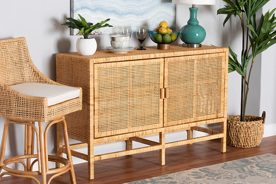 bali & pari Vivan Modern Bohemian Natural Brown Rattan and Mahogany Wood Storage Cabinet
