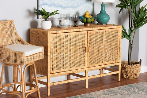 bali & pari Vivan Modern Bohemian Natural Brown Rattan and Mahogany Wood Storage Cabinet