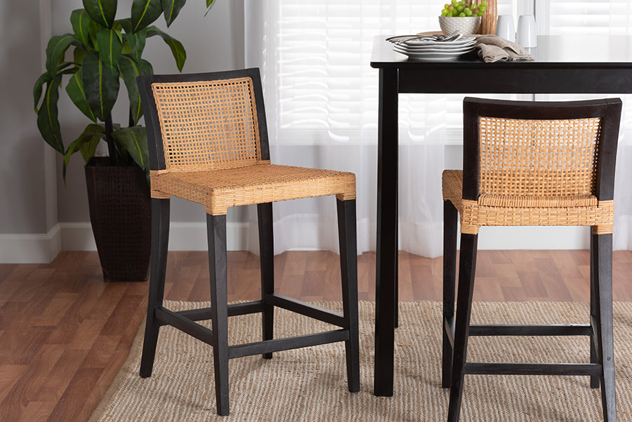 bali & pari Lingga Modern Bohemian Dark Brown Mahogany Wood and Natural Rattan Counter Stool
