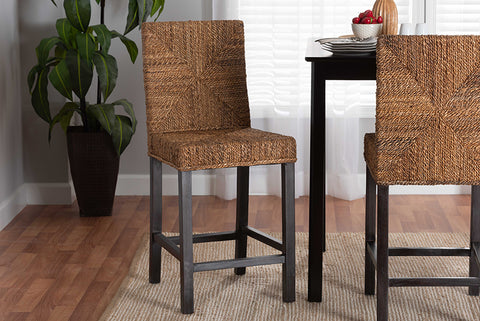 bali & pari Laymi Modern Bohemian Dark Brown Mahogany Wood and Seagrass Counter Stool