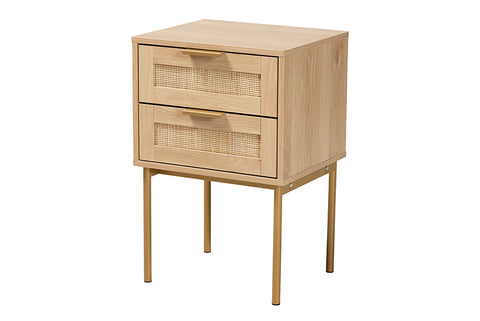 Baxton Studio Dewitt Japandi Light Brown Finished Wood and Gold Metal 2-Drawer End Table