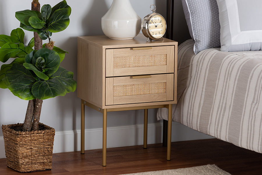 Baxton Studio Dewitt Japandi Light Brown Finished Wood and Gold Metal 2-Drawer End Table