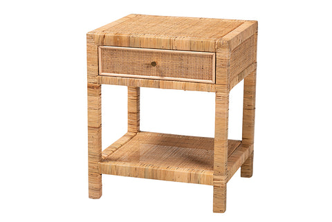 bali & pari Adelia Modern Bohemian Natural Rattan and Mahogany Wood 1-Drawer Nightstand