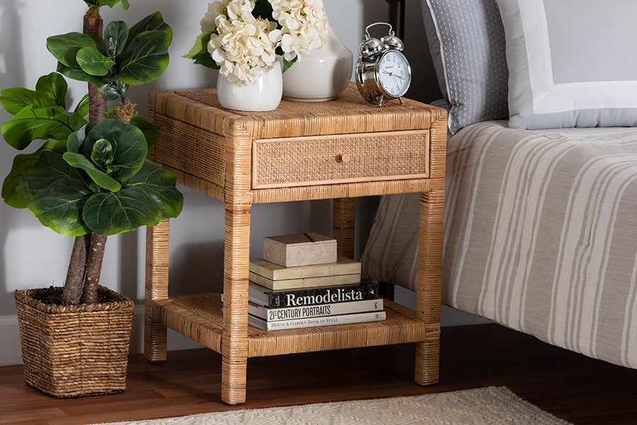 bali & pari Adelia Modern Bohemian Natural Rattan and Mahogany Wood 1-Drawer Nightstand