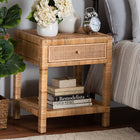 bali & pari Adelia Modern Bohemian Natural Rattan and Mahogany Wood 1-Drawer Nightstand