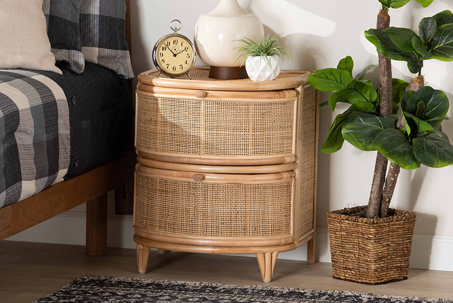 bali & pari Oleta Modern Bohemian Natural Brown Rattan 2-Drawer Nightstand