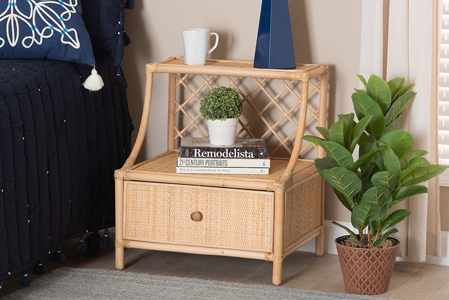bali & pari Lalo Modern Bohemian Natural Brown Rattan 1-Drawer Nightstand