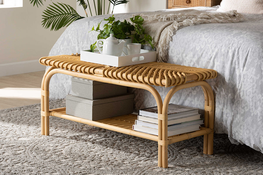 bali & pari Himari Modern Bohemian Natural Brown Rattan Accent Bench
