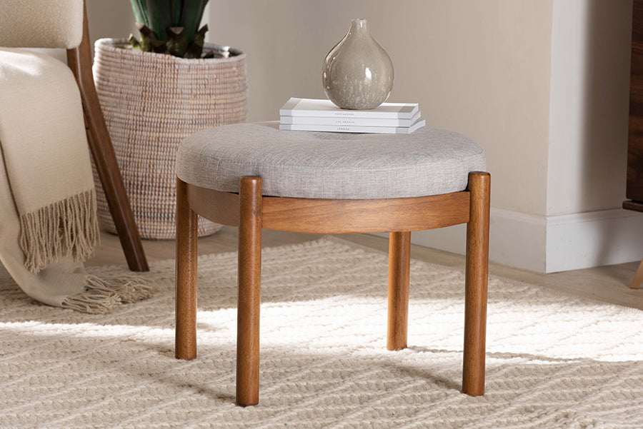 Baxton Studio Iliana Japandi Greyish Beige Fabric and Walnut Brown Finished Wood Ottoman Footstool