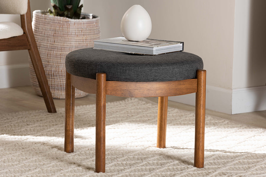 Baxton Studio Iliana Japandi Dark Grey Fabric and Walnut Brown Finished Wood Ottoman Footstool