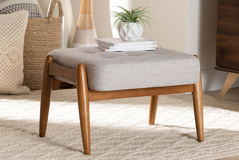 Baxton Studio Jeanine Japandi Greyish Beige Fabric and Walnut Brown Finished Wood Ottoman Footstool