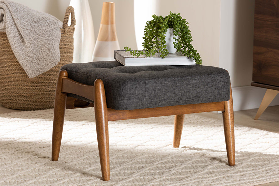 Baxton Studio Jeanine Japandi Dark Grey Fabric and Walnut Brown Finished Wood Ottoman Footstool