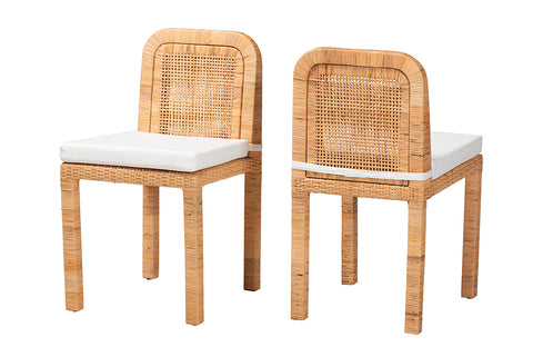 bali & pari Zariah Modern Bohemian Natural Brown Rattan and Mahogany Wood 2-Piece Dining Chair Set