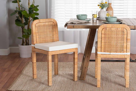 bali & pari Zariah Modern Bohemian Natural Brown Rattan and Mahogany Wood 2-Piece Dining Chair Set