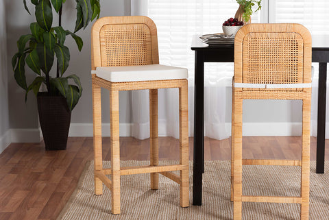 bali & pari Zariah Modern Bohemian Natural Brown Rattan and Mahogany Wood Bar Stool