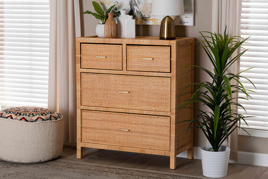 bali & pari Vaere Modern Bohemian Natural Brown Rattan and Mahogany Wood Storage Cabinet