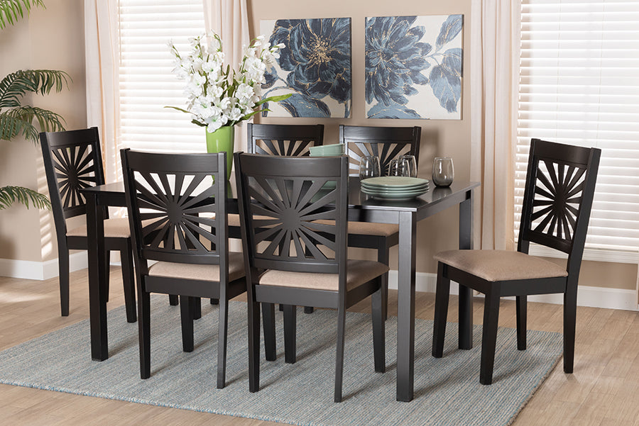 Baxton Studio Olympia Modern Beige Fabric and Espresso Brown Finished Wood 7-Piece Dining Set
