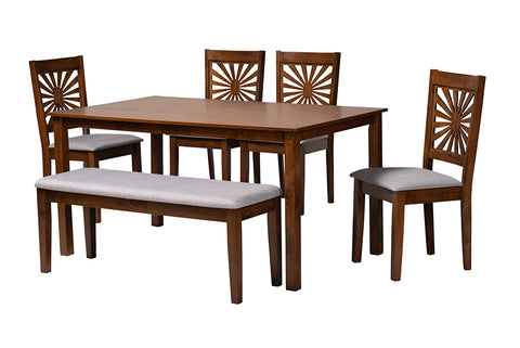 Baxton Studio Olympia Modern Grey Fabric and Walnut Brown Finished Wood 6-Piece Dining Set