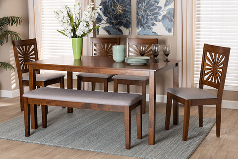 Baxton Studio Olympia Modern Grey Fabric and Walnut Brown Finished Wood 6-Piece Dining Set