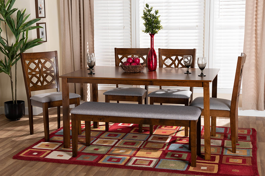 Baxton Studio Abigail Modern Grey Fabric and Walnut Brown Finished Wood 6-Piece Dining Set