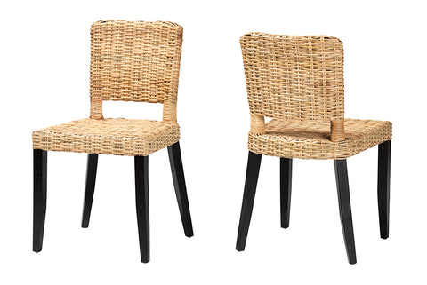 bali & pari Dermot Modern Bohemian Dark Brown Finished Wood and Natural Rattan 2-Piece Dining Chair Set