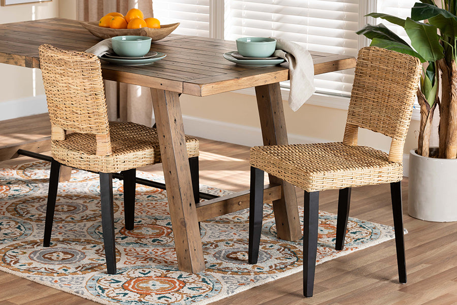 bali & pari Dermot Modern Bohemian Dark Brown Finished Wood and Natural Rattan 2-Piece Dining Chair Set