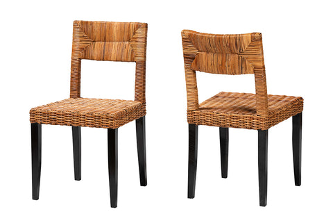 bali & pari Manrico Modern Bohemian Dark Brown Finished Wood and Natural Rattan 2-Piece Dining Chair Set
