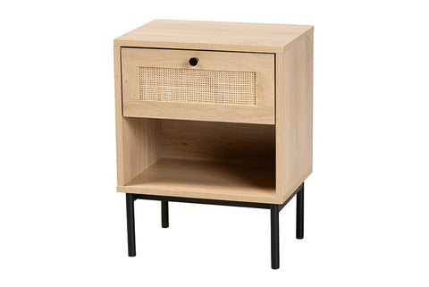 Baxton Studio Sherwin Mid-Century Modern Light Brown and Black 1-Drawer End Table with Woven Rattan Accent