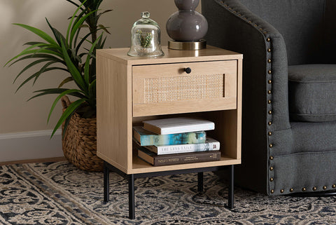 Baxton Studio Sherwin Mid-Century Modern Light Brown and Black 1-Drawer End Table with Woven Rattan Accent