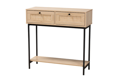 Baxton Studio Sherwin Mid-Century Modern Light Brown  and Black 2-Drawer Console Table with Woven Rattan Accent