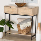 Baxton Studio Sherwin Mid-Century Modern Light Brown  and Black 2-Drawer Console Table with Woven Rattan Accent