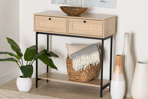 Baxton Studio Sherwin Mid-Century Modern Light Brown  and Black 2-Drawer Console Table with Woven Rattan Accent