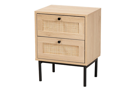Baxton Studio Sherwin Mid-Century Modern Light Brown and Black 2-Drawer End Table with Woven Rattan Accent